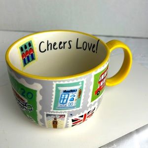 ANTHROPOLOGIE LONDON MUG LARGE STONEWARE CITIES USED CHEERS LOVE CITY STAMPS BUS